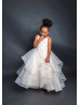 Spaghetti Straps Ivory Lace Organza Ruffled Flower Girl Dress